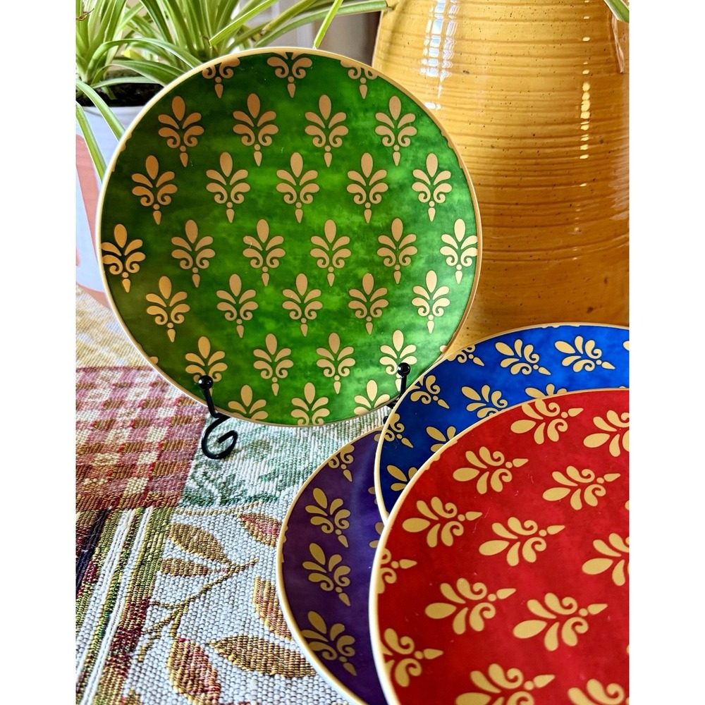 Set-of-4 Pier 1 Imports Festive 6" Porcelain Plate, Gold Fleur-de-Lis